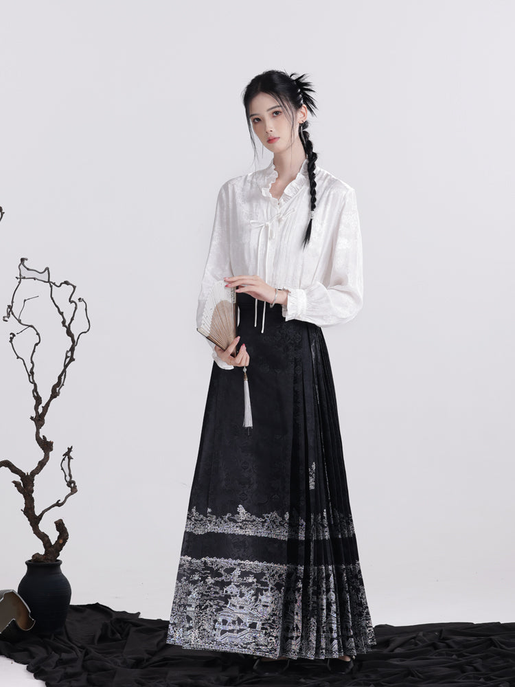 Ming Dynasty Mamianqun | Traditional Chinese Modern Hanfu Dress in Black Silver 蓬莱仙境