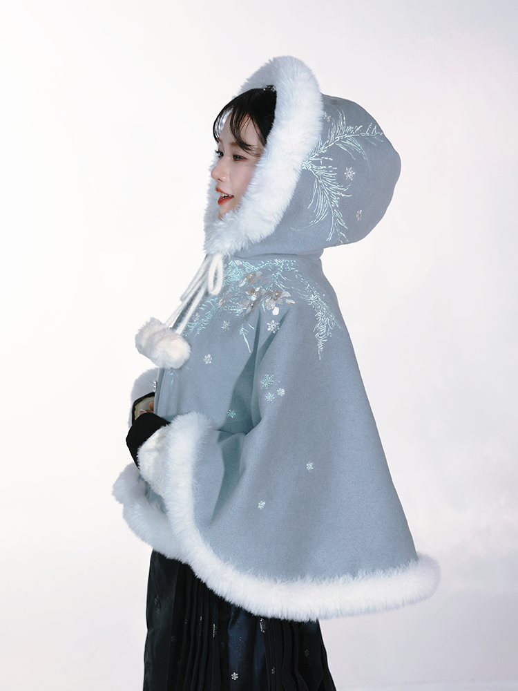 Ming Dynasty Winter Woolen Cloak | Cerulean Blue Hanfu Cape with Wave Motifs & Iridescent Sakura Embroidery