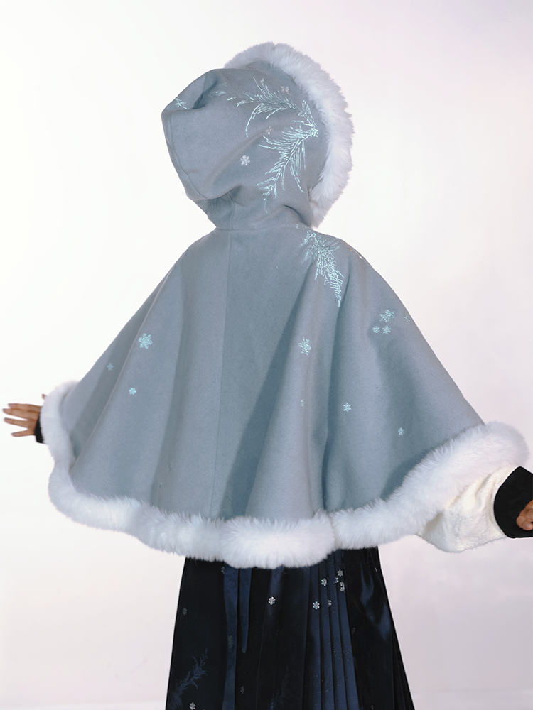 Ming Dynasty Winter Woolen Cloak | Cerulean Blue Hanfu Cape with Wave Motifs & Iridescent Sakura Embroidery