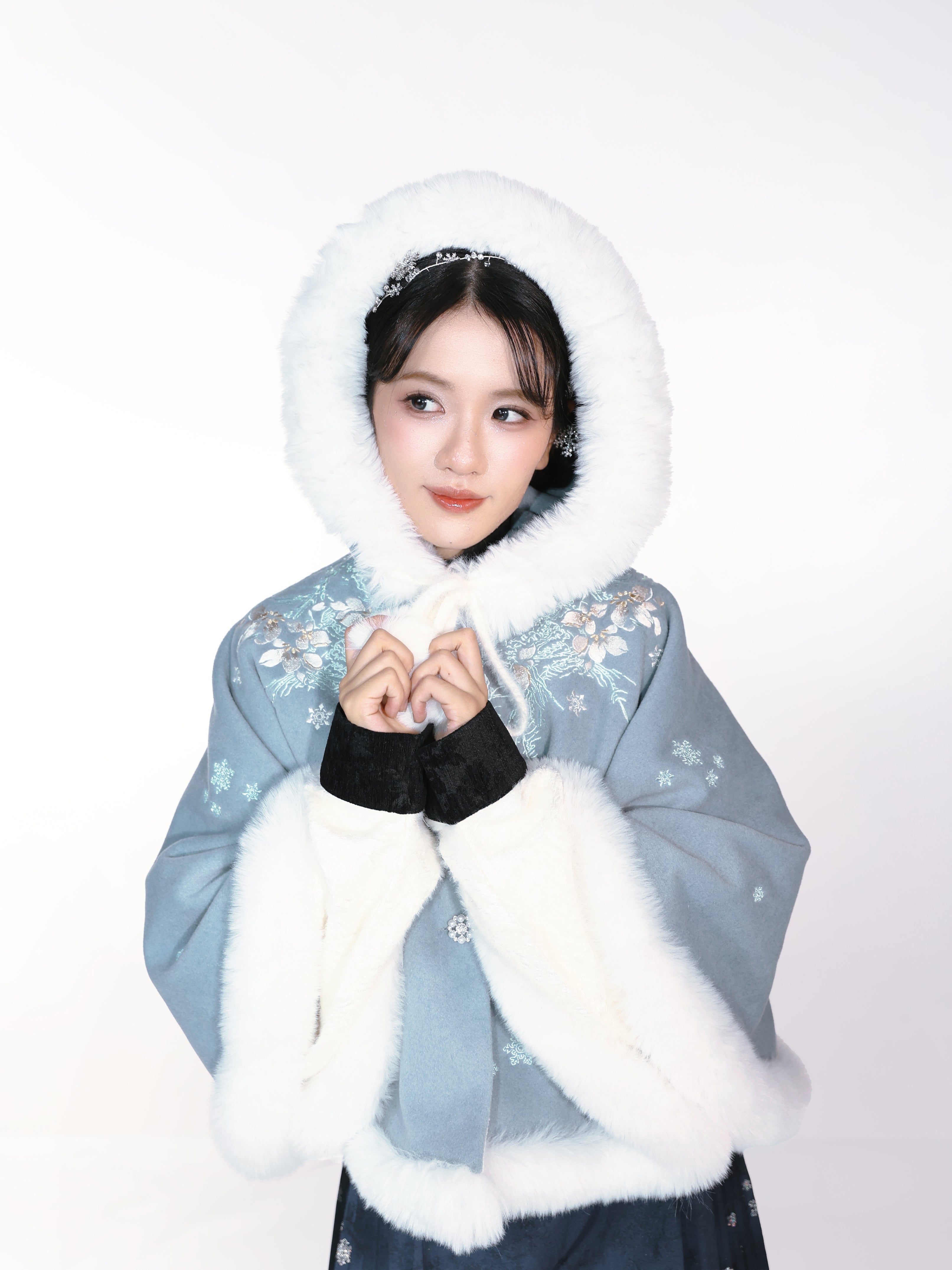 Ming Dynasty Winter Woolen Cloak | Cerulean Blue Hanfu Cape with Wave Motifs & Iridescent Sakura Embroidery