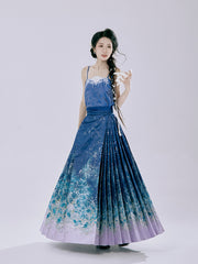 Ming Dynasty Mamianqun | Traditional Chinese Modern Hanfu Dress in Navy & Lilac Wave Brocade Skirt 海浪