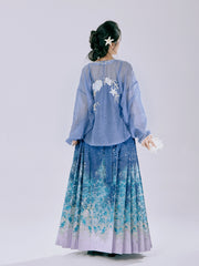 Ming Dynasty Mamianqun | Traditional Chinese Modern Hanfu Dress in Navy & Lilac Wave Brocade Skirt 海浪