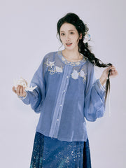 Ming Dynasty Round-Collar Hanfu Shirt | Spring & Summer Breathable Linen with Wave Motifs