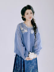 Ming Dynasty Round-Collar Hanfu Shirt | Spring & Summer Breathable Linen with Wave Motifs