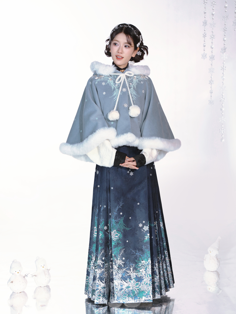 Ming Dynasty Winter Woolen Cloak | Cerulean Blue Hanfu Cape with Wave Motifs & Iridescent Sakura Embroidery