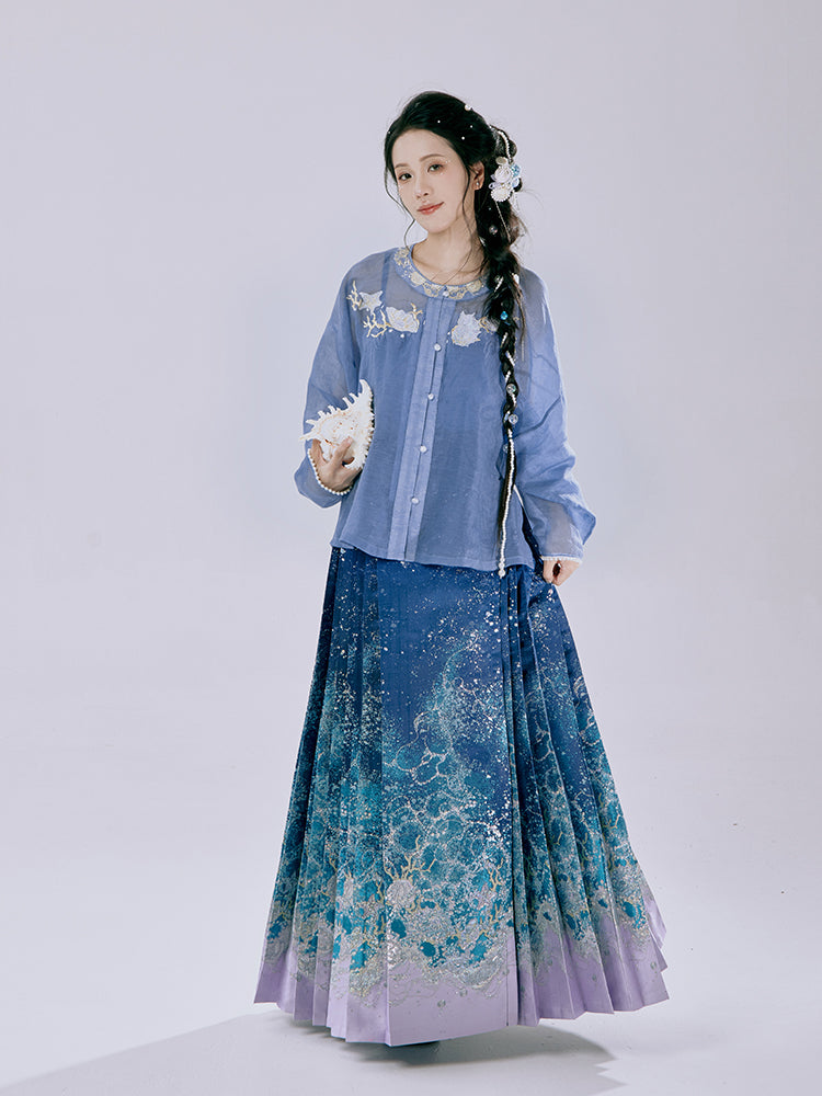 Ming Dynasty Mamianqun | Traditional Chinese Modern Hanfu Dress in Navy & Lilac Wave Brocade Skirt 海浪