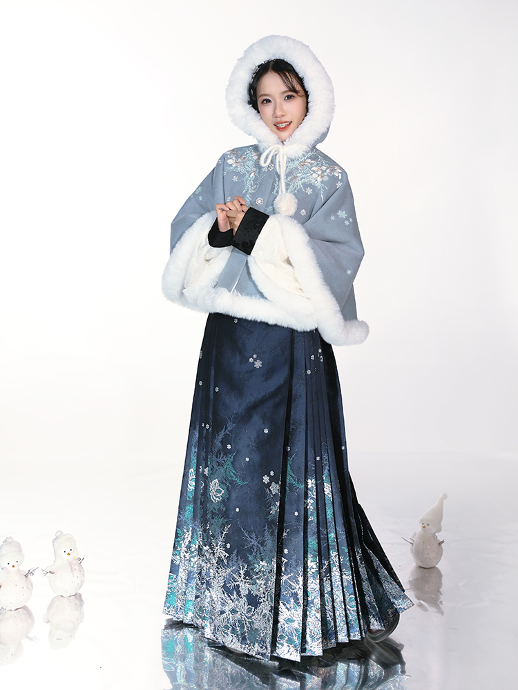 Ming Dynasty Winter Woolen Cloak | Cerulean Blue Hanfu Cape with Wave Motifs & Iridescent Sakura Embroidery