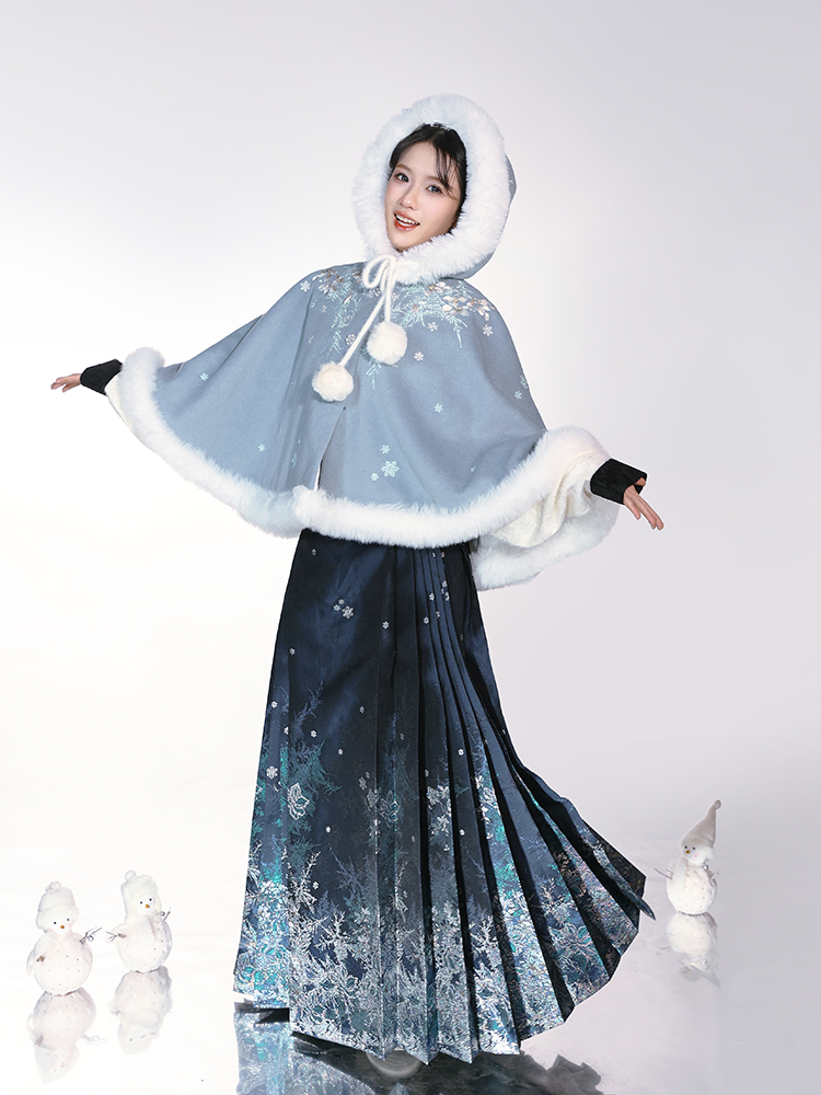 Ming Dynasty Winter Woolen Cloak | Cerulean Blue Hanfu Cape with Wave Motifs & Iridescent Sakura Embroidery