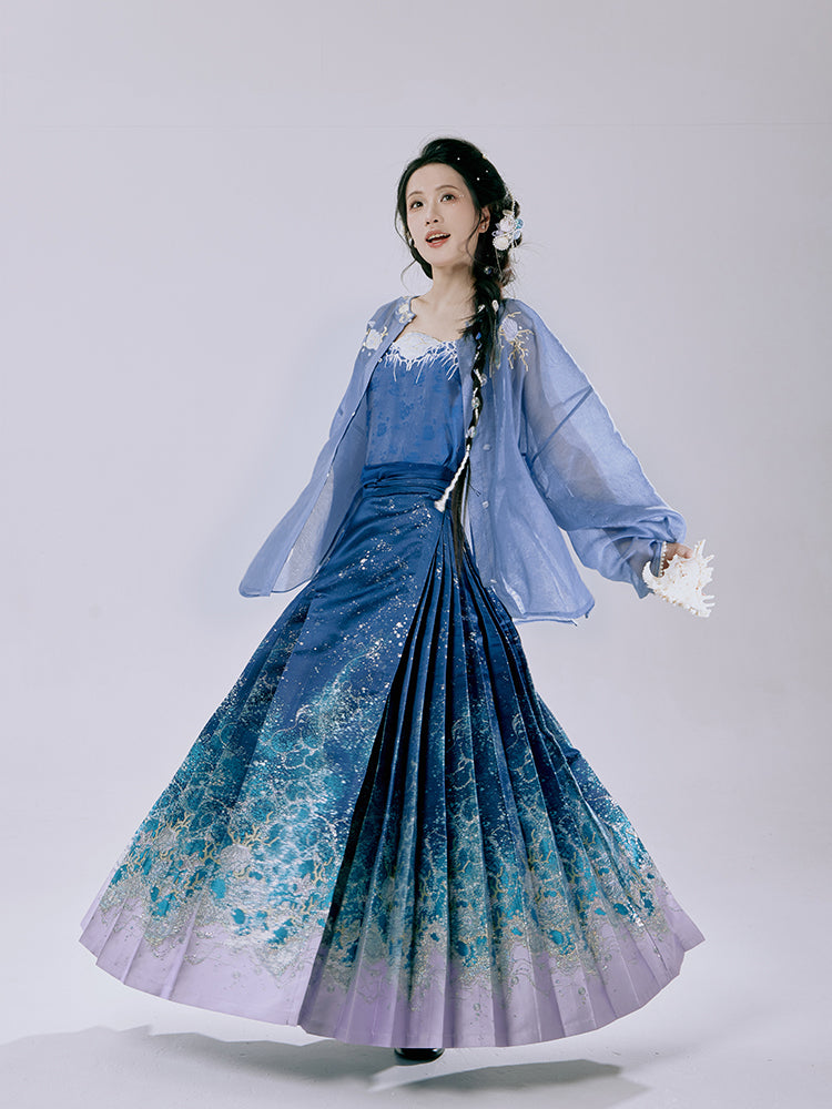 Ming Dynasty Mamianqun | Traditional Chinese Modern Hanfu Dress in Navy & Lilac Wave Brocade Skirt 海浪