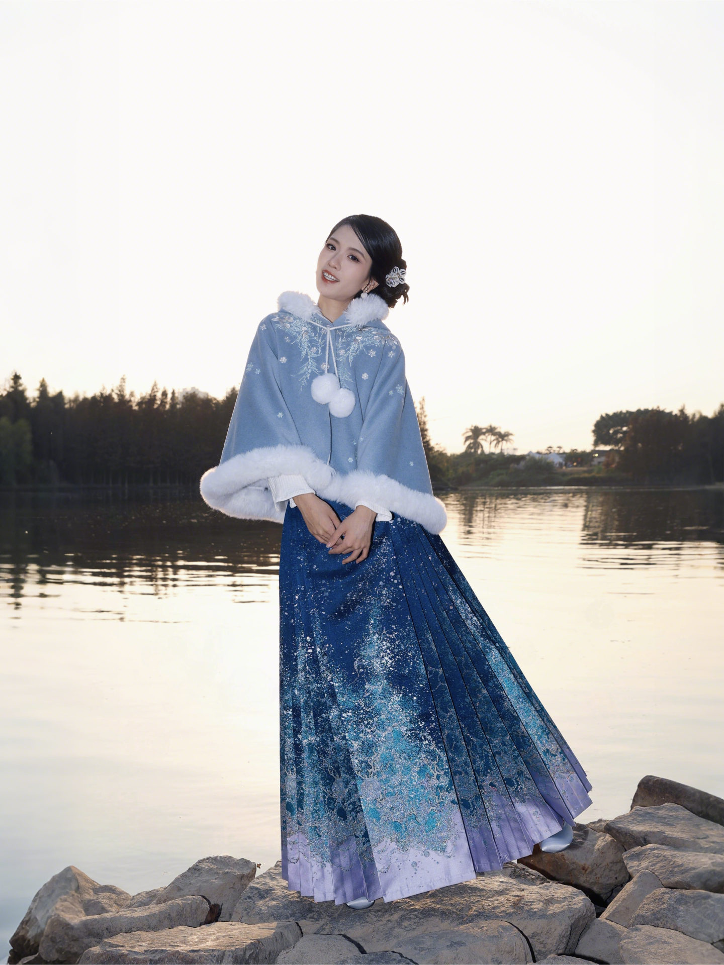 Ming Dynasty Winter Woolen Cloak | Cerulean Blue Hanfu Cape with Wave Motifs & Iridescent Sakura Embroidery