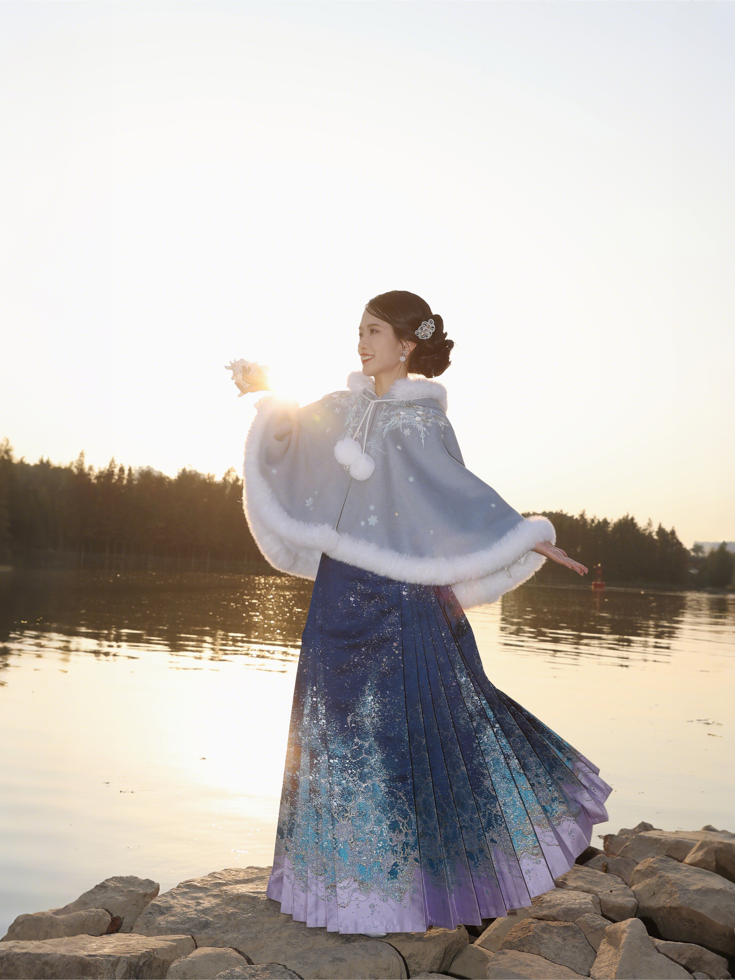 Ming Dynasty Winter Woolen Cloak | Cerulean Blue Hanfu Cape with Wave Motifs & Iridescent Sakura Embroidery