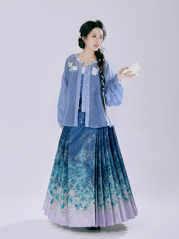 Ming Dynasty Mamianqun | Traditional Chinese Modern Hanfu Dress in Navy & Lilac Wave Brocade Skirt 海浪