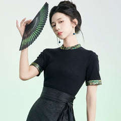 周仪-New Chinese style（hanfu）short sleeve knit top Zhouyi-Black