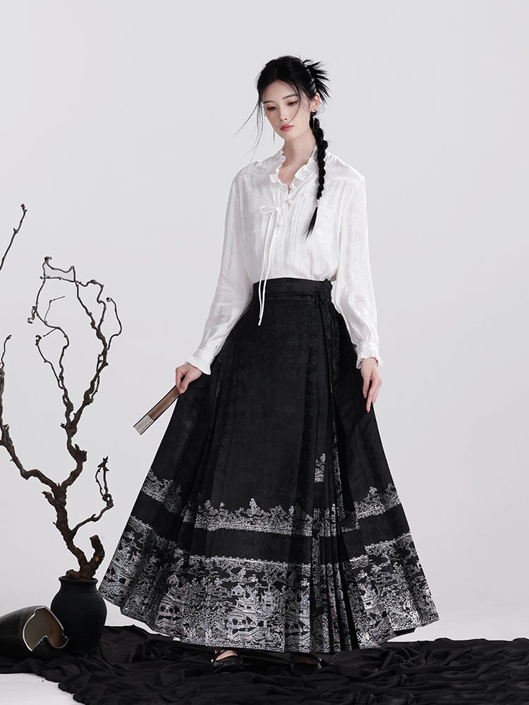 Ming Dynasty Mamianqun | Traditional Chinese Modern Hanfu Dress in Black Silver 蓬莱仙境