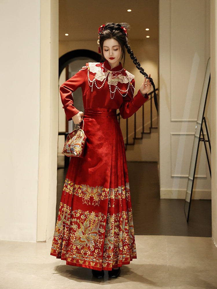 Ming Dynasty Mamianqun | Traditional Chinese Modern Hanfu Dress in Red 翠羽红