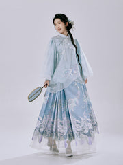 Front view of Ru kiln celadon blue Hanfu ensemble showing mist-like upper garment with mandarin collar and double-warp Mamian skirt with koi motifs