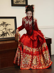 Ming Dynasty Mamianqun | Traditional Chinese Modern Hanfu Dress in Red 翠羽红