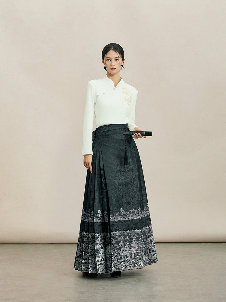 Modern Hanfu Black & White Peony Embroidered Cardigan | Traditional Chinese Mandarin Collar Knit Top for Mamian Skirt丨芳华瑞上衣