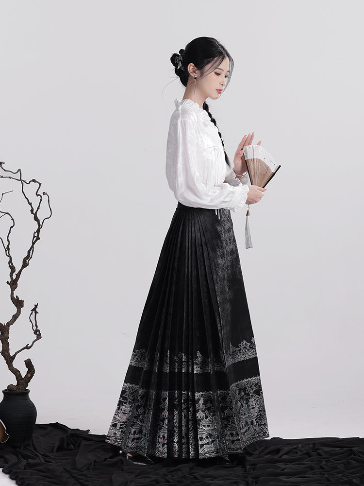 Ming Dynasty Mamianqun | Traditional Chinese Modern Hanfu Dress in Black Silver 蓬莱仙境