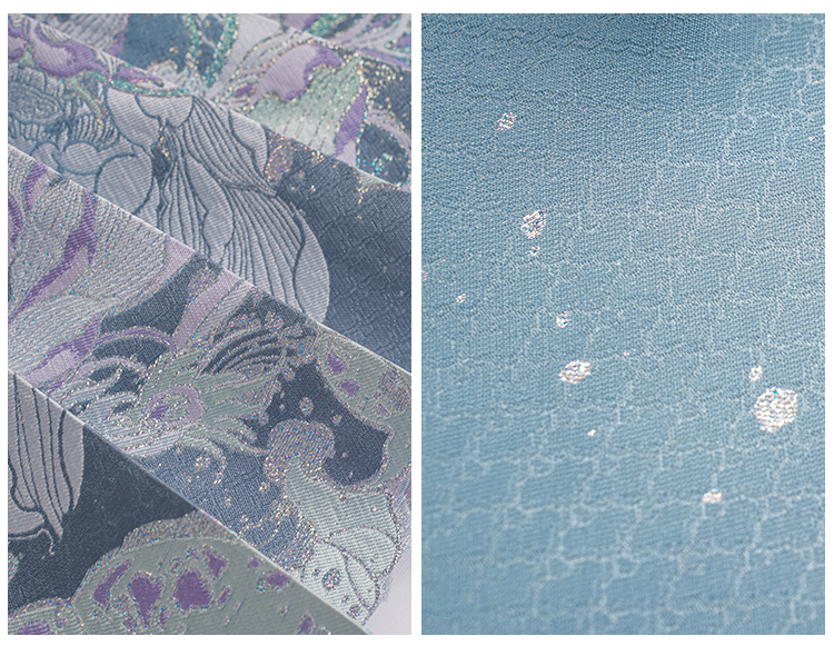 Fabric texture detail showing the combination of satin and gauze in the Mamian skirt, creating dimensional effects reminiscent of Ru kiln celadon glazes.