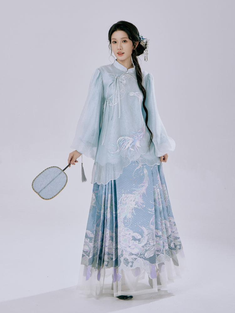 Side profile of model in Ethereal Koi Hanfu Set displaying the flowing silhouette of the horse-face skirt and layered gauze upper garment in traditional Chinese style.