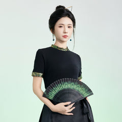 周仪-New Chinese style（hanfu）short sleeve knit top Zhouyi-Black