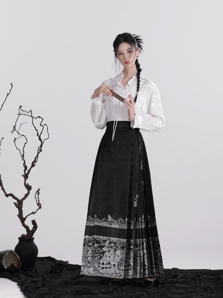 Ming Dynasty Mamianqun | Traditional Chinese Modern Hanfu Dress in Black Silver 蓬莱仙境