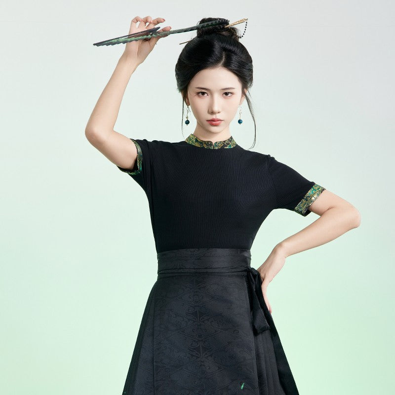 周仪-New Chinese style（hanfu）short sleeve knit top Zhouyi-Black