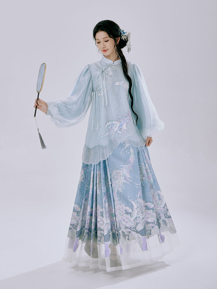 Full-length view of celadon blue traditional Chinese clothing set featuring jacquard gauze overlay top and Mamian skirt with dancing koi and lotus pattern.