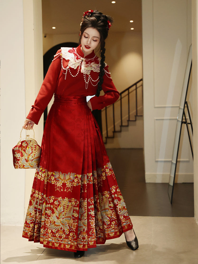 Ming Dynasty Mamianqun | Traditional Chinese Modern Hanfu Dress in Red 翠羽红