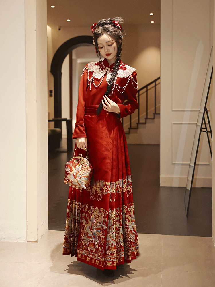 Ming Dynasty Mamianqun | Traditional Chinese Modern Hanfu Dress in Red 翠羽红