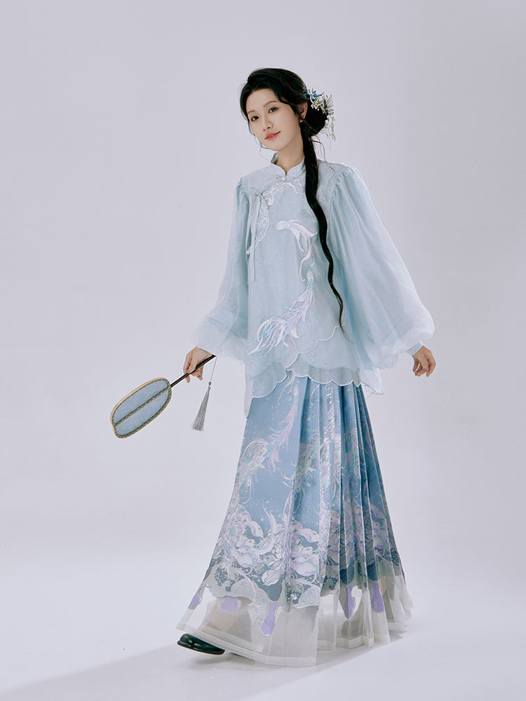 Three-quarter view of model in celadon blue Hanfu set showing how the custom iridescent blue threads shimmer like water when in movement.