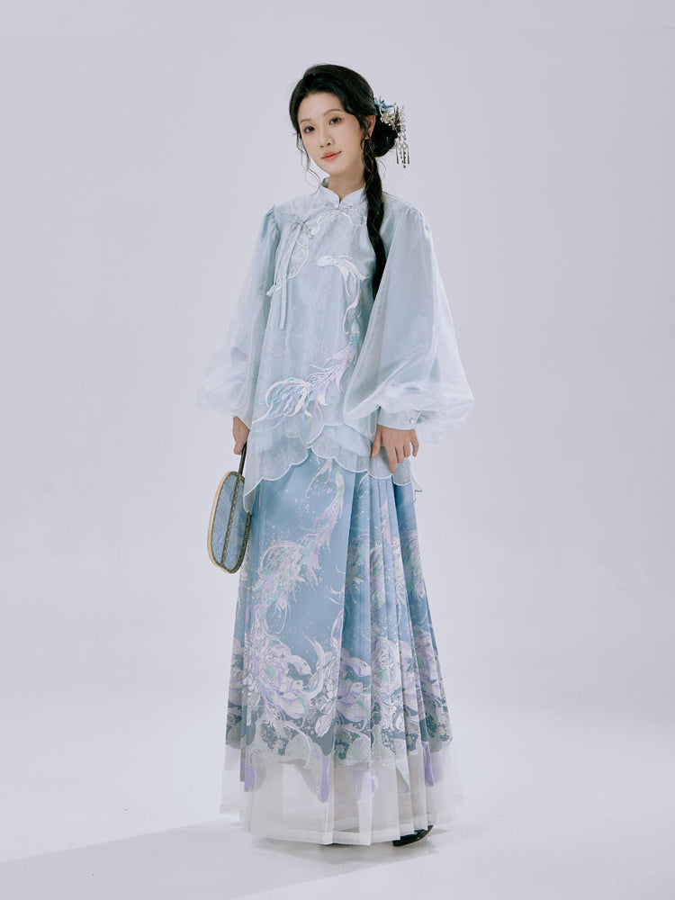 Model in Ethereal Koi Hanfu Set posed by water, highlighting how the design reflects traditional Chinese aesthetics of lotus ponds and koi fish.