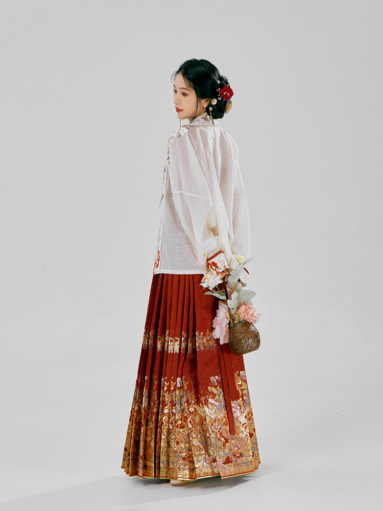 Elegant Chinese traditional dress with mandarin collar details and flowing silhouette, featuring twelve seasonal blossoms in intricate embroidery