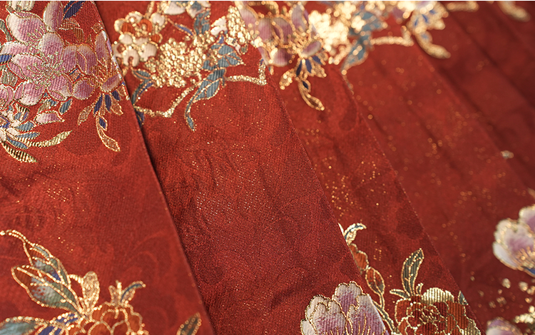 Detailed view of traditional Chinese clothing craftsmanship featuring mamian skirt in imitation Zhuanghua brocade with airplane sleeves made of Lyocell, Nylon, and Lambswool blend